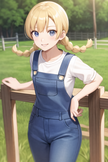 <lora:BreederLora-10:0.7>, breeder, overalls, white shirt, smile, wooden fence, field, twin braids,