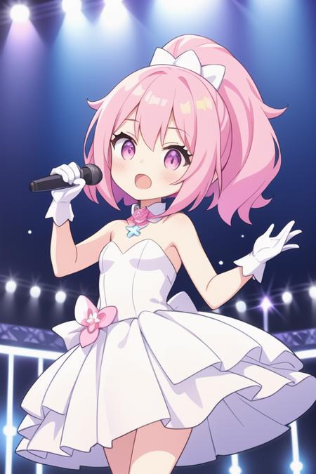 (petite:1.2),1girl,idol,stage,singer,white dress,white gloves,pink hair,