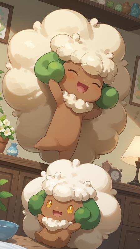 Whimsicott, pokemon, creature, girl, 1girl, lots of hair, excessive hair, white hair, tanned, ram horns, green horns, 