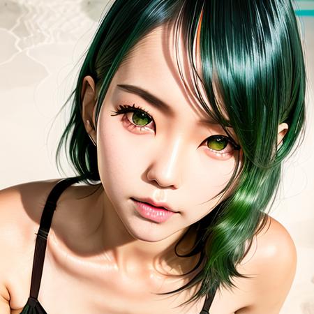 (upper body:1.3), (photorealistic:1.4),asian, best quality, 1girl,beautiful lighting,nude, (green hair)+(short hair,)+(bangs),bruised eye, golden eyes, (ringed eyes), (white shirt), (necktie), RAW photo, 8k uhd, swimsuit,  <lora:tamaki:1.4>