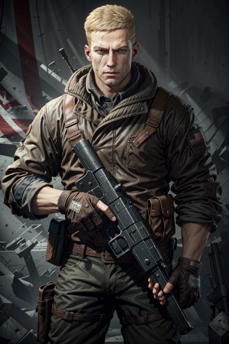 WolfenBlazkowicz, 1boy, weapon, gun, male focus, solo, realistic, gloves, blonde hair, handgun, fingerless gloves, manly, american flag, holding, holding weapon
<lora:epi_noiseoffset2:1>,  <lora:WolfenBlazkowicz:0.7>