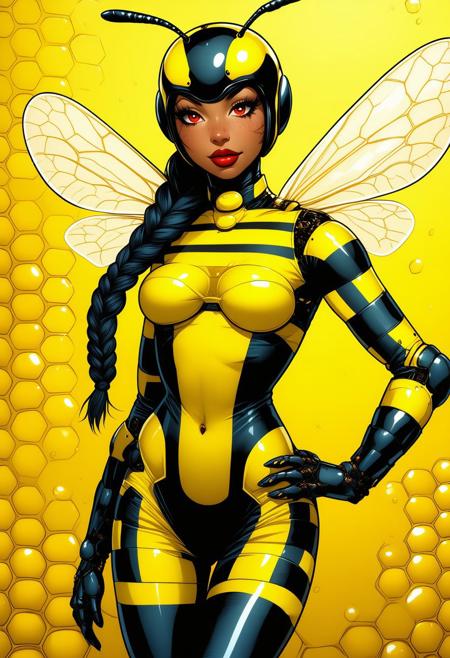 bee suit,,,striped, thigh boots, braid,, , , lipstick,  , armor, ,leotard,  large breasts, honeycomb background, red eyes,  thighhighs,  navel,, hand on hip,  thigh boots, insect wings, ,BODYSUIT,  red eyes, single braid, green eyes, , , pantyhose, , armor