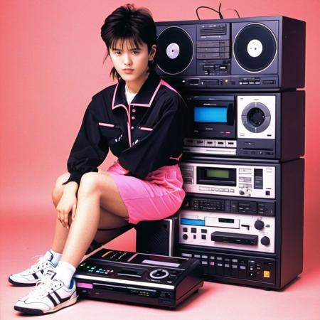 electronics, motherboard, houdstooth, formal wear, 1980s fashion, new wave aesthetics, neon colors, (((nec pc-8801))), videocassette recorder, cd player, hi-fi rack, corded phone, stereo, (((1980s (style)))), 1girl, wearing sneakers