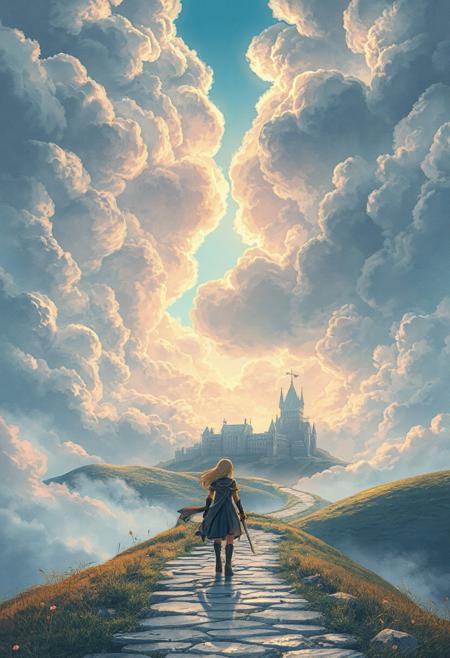 Vertical 9:16 anime-style sky in ultra-detailed 4K resolution. A vast, painterly sky stretches endlessly, filled with massive, textured clouds in complex folds, subtle contours, and soft ridges. Gaps between the clouds reveal patches of light blue sky and warm sunlight beams filtering downward. Below, a winding stone path leads through misty hills toward a dark, towering castle with sharp spires piercing the sky. On the path stands a lone female swordfighter—inspired by Saber—clad in gleaming armor, her sword faintly glowing, and her flowing cape caught in the wind. She gazes determinedly ahead, ready to face the challenge. The atmosphere is dreamy and emotional, with pastel tones of blue, pink, and gold blending together. Soft bloom, watercolor textures, delicate cel shading, ambient haze, and layered depth create a nostalgic, cinematic mood, with dynamic clouds and fluttering cape promising strong motion potential.