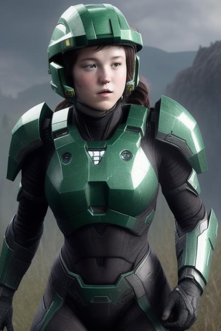 bellaramsey as a spartan from halo, on a mountain, ((detailed facial features)), ((wide angle)) ((full body)) facing forward, (((visor open)))