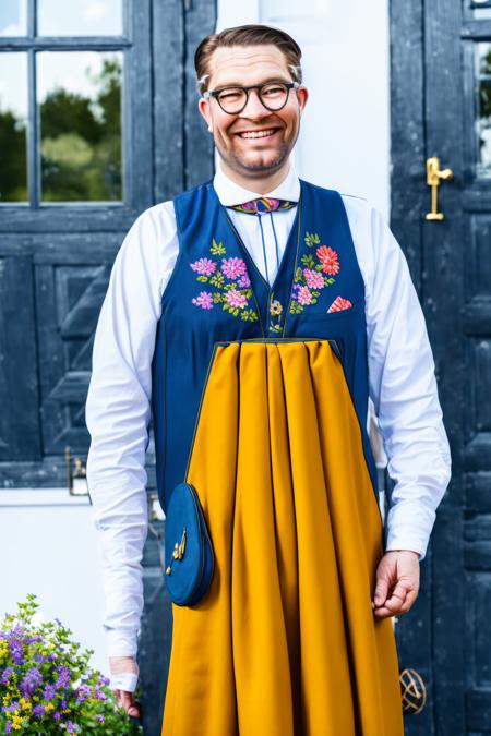 (masterpiece) (best quality)  ((professional)) portrait of (Jimmie) outside a cottage wearing glasses and a traditional dress sverigedrakten (portrait composition: 1.3)  fine detail, HDR, 8k uhd, (oil painting: 1.3) <lora:Sverigedrakten_vng:0.7>   <lora:last:1>