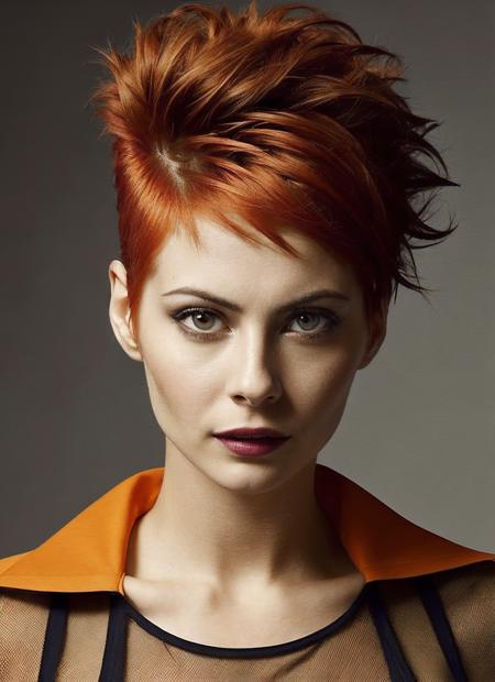 portrait of sks woman by Flora Borsi, style by Flora Borsi, bold, bright colours, orange Mohawk haircut, ((Flora Borsi)), <lora:locon_willa_v1_from_v1_64_32:1.25>