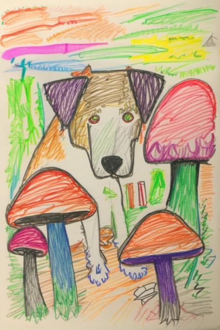 a dog tripping balls on mushrooms   <lora:crayons_v1_sdxl:1>