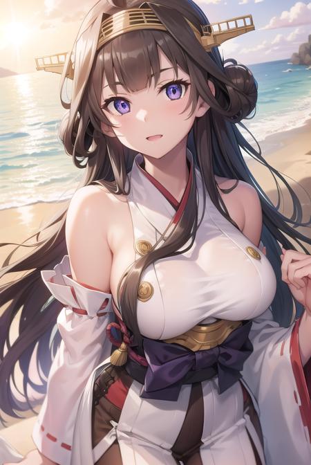 kongou, ahoge, brown hair, double bun, hair bun, hairband, headgear, long hair, (purple eyes:1.1),  boots, detached sleeves, japanese clothes, nontraditional miko, ribbon trim, ribbon-trimmed sleeves, thigh boots, wide sleeves,