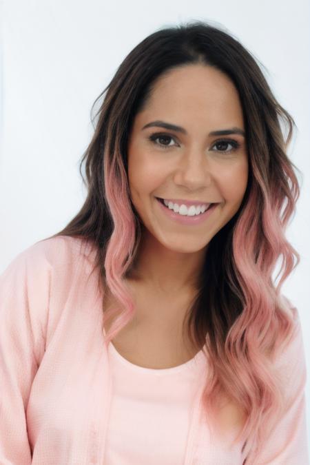 Portrait photo of r3n4t4fr1ss0n woman, detailed face smiling, (blurred background)+, pink pijama, modern clean bedroom