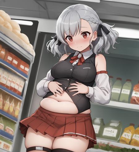 <lora:SPASNormal:1>,solo,1girl,spasnormal,hair ribbon,red eyes,grey hair,twintails,bare shoulders,black detached sleeves,cowboy shot,red pleated skirt,thighhighs,dark shirt,braid,smile,vest,layered skirt,supermarket,looking down,hand on own stomach,chubby, plump, belly, blush, embarrassed, surprised