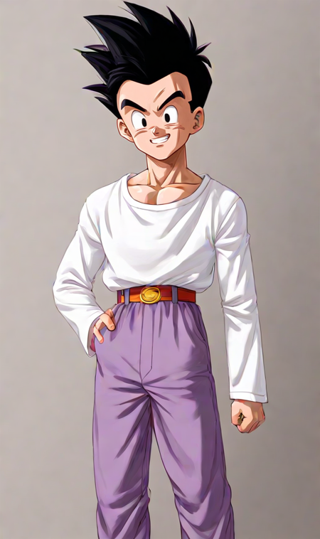 1boy, Goten, spiky hair, straight and tilted hair, black hair, black eyes, white long sleeved shirt, purple t shirt underneath, lavender chino pants, light beige golden boots, solo