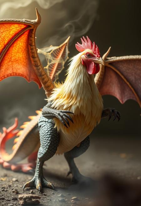 image showing a dragon mid-transformation into a chicken. The dragon's features, such as scales, wings, and claws, will partially blend with the emerging chicken form, like feathers and a beak. The scene will capture the mystical energy of the metamorphosis, with glowing light or magical aura surrounding the creature as the transformation takes place.