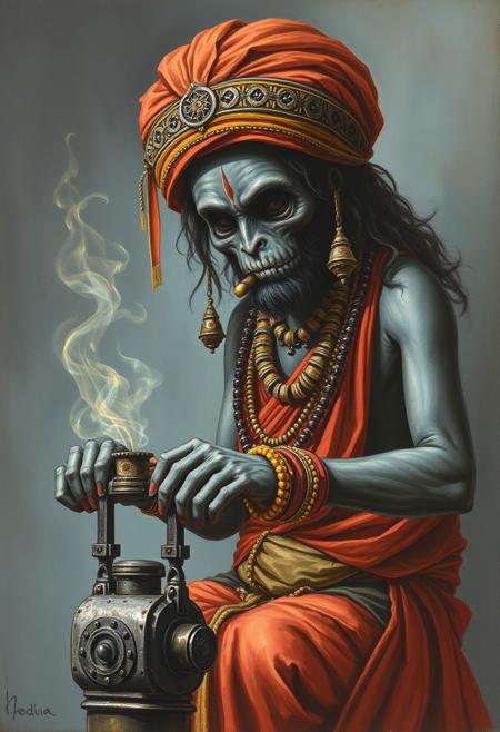 A traditional Indian painting depicting a dark dweller with a face of darkness, wearing unusual attire, and operating a terrifying machine.