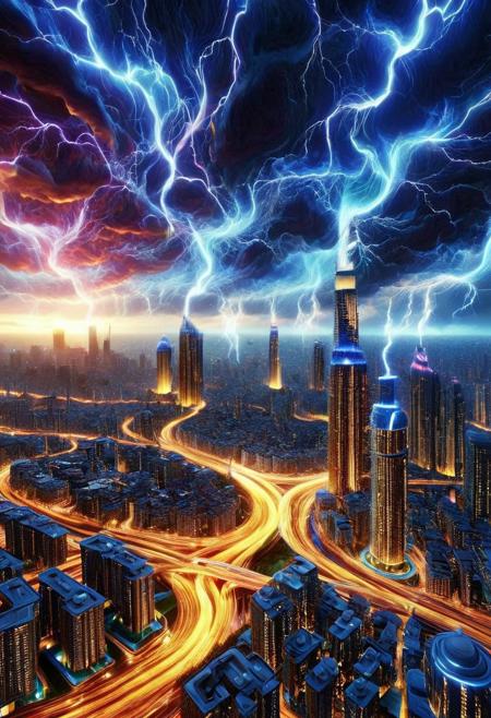 (((reality-shot, realism, realistic photography of a futuristic city skyline electrified with pulsating lightning veins, skyscrapers outlined in crackling blue-white energy, streets illuminated by glowing arcs of electricity, storm clouds swirling above casting dramatic shadows, cyberpunk art style, electric-blue theme, intricate details, ultra sharp, exquisite detail, flawless composition, vivid colors, masterpiece, high-voltage vibrancy lora:electrify_world:1 )))
made of golden and blue and red and yellow and purple lightning thunder trails , lthndrtrl