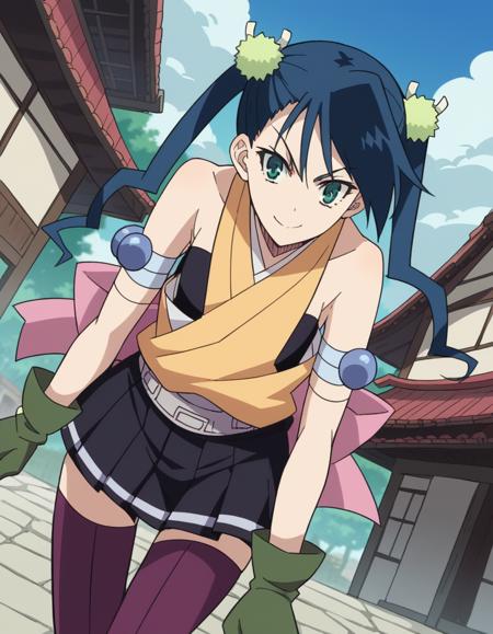 hibachi, long hair, green eyes, blue hair, twintails, hair ornament, skirt, thighhighs, japanese clothes, zettai ryouiki, armband, purple thighhighs, belt, pleated skirt, black skirt, gloves, green gloves, bare shoulders,