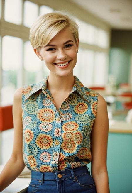 fashion editorial style. cinematic, gjhawn, a 20-year-old-woman, short-blonde-pixie-hair, smile, in a buttoned-blouse, sleeveless, retro 60's fashion, 60s color palette, 1960's style, 35mm photograph, film, bokeh, professional, 4k, highly detailed, casual-clothing, long-flowing-shirt, jeans, bold-colorful-psychedelic-mod-print-clothing, trendy, stylish, editorial, magazine style, professional, highly detailed, (indoors)