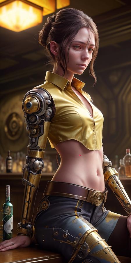 <lora:reelmech1v2:1> (reelmech:1.2),beautiful (EvelynNobodySD15) western RPG character brunette hair upsweep updo button shirt at a cantina sitting bar tequila liquor bottles, Lighting-Gold (dark moody ambience:1.2) (masterpiece:1.2) (photorealistic:1.2) (bokeh) (best quality) (detailed skin:1.2) (intricate details) (Clutter-Home) (8k) (HDR) (cinematic lighting) (sharp focus)