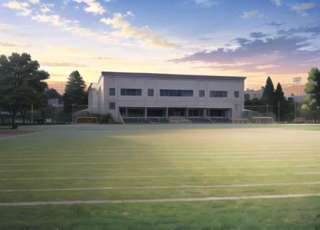 a baseball field with a lighted building in the background. <lora:Moono-10:0.70>