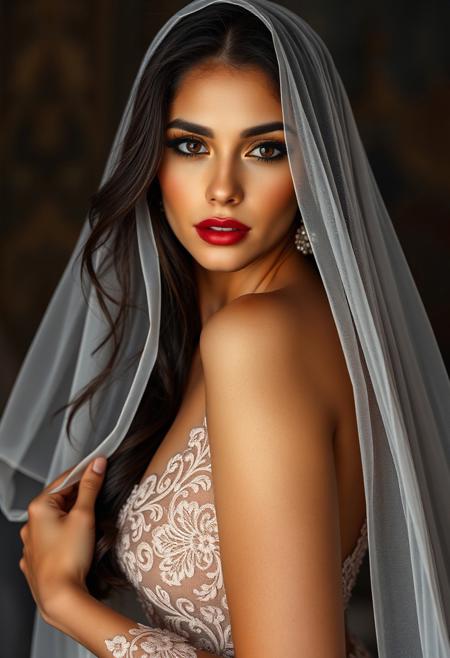 a gorgeous 30 years old middle eastern woman, brown perfect skin, long dark brown hair with veils, arabic eyeliner defines her beautiful big brown eyes, bronze eyeshadow, luscious sensual dark red lips, rouge, perfect curves, veiled lace long dancer dress with fine embroidery, looking at viewer playfully and seductively, professional photo, photorealistic, erotic lightning, high detailed