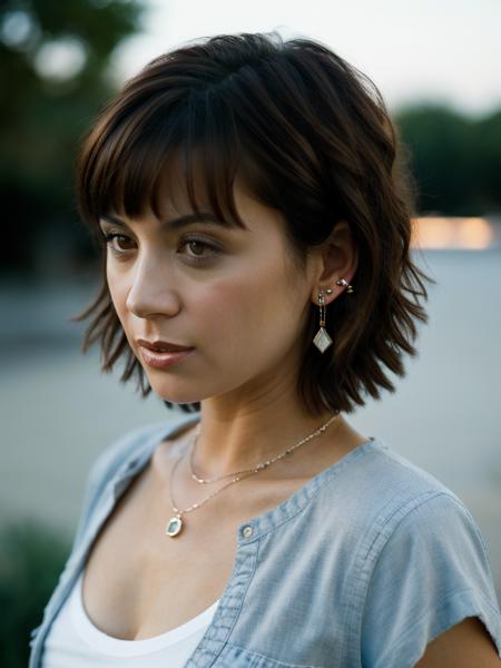 Realistic photo of a beautiful c4th3r1n3b woman,1girl,solo,short hair,brown hair,shirt,brown eyes,jewelry,closed mouth,white shirt,upper body,earrings,blurry,lips,blurry background,blue shirt,realistic,nose,photo background, soft lighting, professional Photography, Photorealistic, detailed, RAW, analog, sharp focus, 8k, HD, high quality, masterpiece<lora:c4th3r1n3b:1.0>