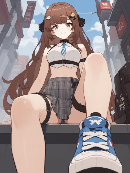 nanami,thighhighs,brown eyes,brown hair,jacket,looking at viewer,shark tail,sneakers,navel,hood,white shirt,pleated skirt,plaid skirt,black thighhighs,grey skirt,puffy long sleeves,hooded jacket, shoes,skirt,brown hair,brown eyes,long hair,virtual youtuber,bare shoulders,looking at viewer,grey skirt,crop top,ribbon,shirt,plaid skirt,pleated skirt,black ribbon,sneakers,white shirt,sleeveless,thigh strap,sleeveless shirt,bare arms,white background,white panties,