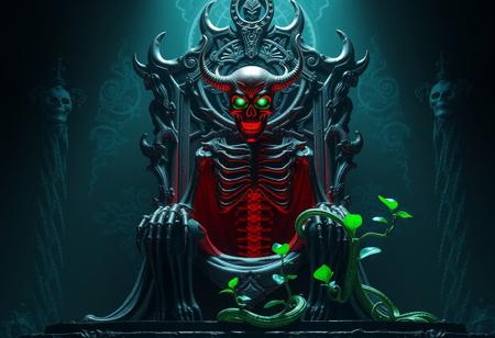 expert An intricate In the center, a skeletal automaton of aged steel glows with a ghastly viridian light. It wears a grotesque vermillion mask of demonic visage. It stands before a throne forged from bone and shadow, a nightmarish seat of power. Three vibrant emerald plants with serpentine vines entwine around its base, creating a haunting contrast. Cinematic lighting, deep shadows, richly detailed, gothic atmosphere, matte painting, octane render, trending on Artstation, unreal engine 5, golden ratio composition.