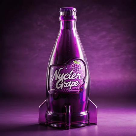 For a realistic depiction of 'Nuclear Grape Cola', imagine a sleek, futuristic soda bottle emanating a soft, neon purple glow, suggestive of its grape flavor. The vibrant label showcases an atomic-themed logo with the words 'Nuclear Grape Cola' in bold, dynamic typography. The bottle, appearing refreshingly chilled, is adorned with droplets of condensation, reflecting light from a bright, contemporary source. Set against a backdrop featuring cutting-edge refrigeration technology, the scene encapsulates the essence of an innovative beverage, merging the classic appeal of grape with a futuristic, high-energy twist <lora:nukacolas:0.75>