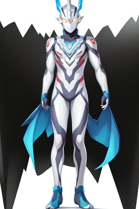 ultramanreiwa, solo, full body, 1boy, male focus, standing, glowing eyes, looking at viewer, multicolored bodysuit, white eyes