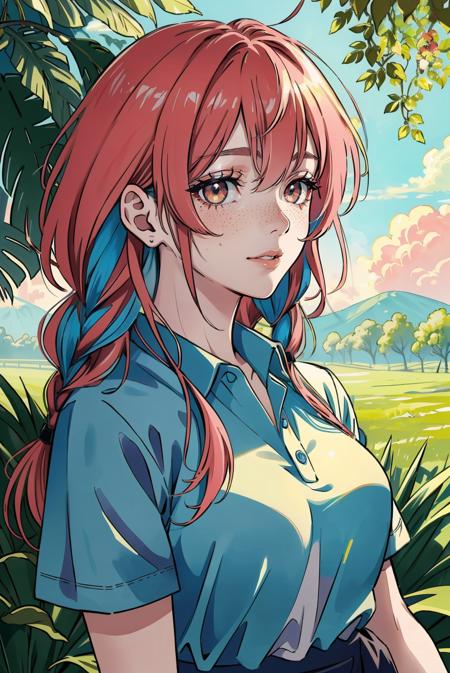 shirt, pants, outdoors, trees, sunshine, shade of tree, polo shirt, (milf, mother, perfect jawline, middle aged, 25yr old), highres, best quality, masters work, cinematic lighting, official art, (masterpiece, 8k wallpaper, deep eyes, detailed eyes), beautiful and delicate, absurdres, best quality, high detail, vivid, dynamic lighting, cute freckles, red hair,pink hair, flipped hair,twin braids, orange eyes, bust shot, <lora:colorful world_20230606112956:0.5>, (colorful world:1.4), <lora:badgirl-test-lora-wdvae:0.5>, mature female, bad-girl, happy, smile