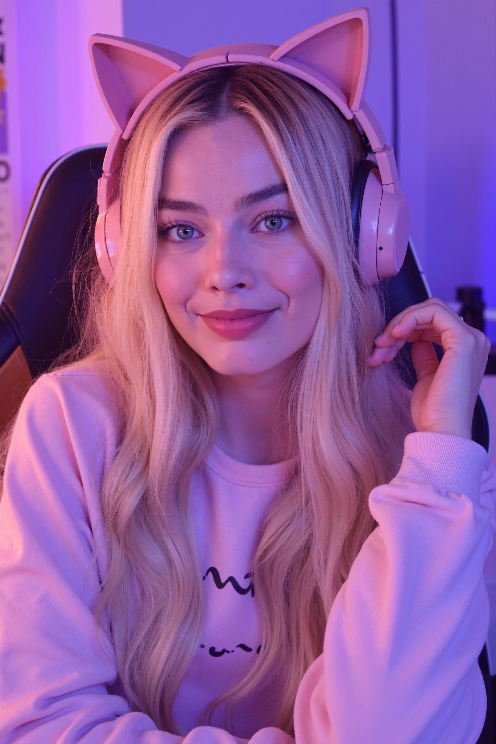 The image shows margotrobb1e sitting in a cozy and well-lit room, likely a streaming or gaming setup. She has a fair complexion, and she is wearing a pair of over-ear, pink headphones with cute, cat ear attachments on top. These headphones add a playful and whimsical touch to her appearance, contrasting nicely with her poised demeanor.

Her hair is long and blonde, with soft waves cascading past her shoulders. The blonde shade is light and natural, adding a radiant glow to her overall look. Her hair is parted slightly to the side, with a few loose strands framing her face delicately. Margot's eyes are a striking blue, giving her an engaging and captivating presence. Her expression is gentle and friendly, with a soft smile that conveys warmth and approachability.

She is dressed in a light pink, long-sleeved sweatshirt that complements the pink tones of her headphones, creating a cohesive and charming look. The sweatshirt has a cute graphic on the front, though the details of the design are not clearly visible in this description. The overall outfit enhances the playful yet stylish aesthetic she embodies.

Her pose is relaxed and casual; she is sitting comfortably in a high-backed gaming chair visible behind her. One of her arms is bent at the elbow, and her hand is loosely held up near her shoulder, adding a touch of elegance to her relaxed demeanor. This gesture, along with her expression, suggests she might be playfully interacting with her audience or posing for a photo.

The room is softly lit, with cool-toned lighting that casts a soft glow over the scene. There is a purple hue in the background, possibly from ambient lighting or a light source off-camera, which adds to the overall calming and serene atmosphere. The walls are a light color, and in the background, you can see part of the gaming chair and possibly a piece of furniture or equipment, though the focus remains primarily on Margot and her bright, inviting appearance. The ambiance is playful, cozy, and welcoming, perfectly suited to a content creator or streamer.