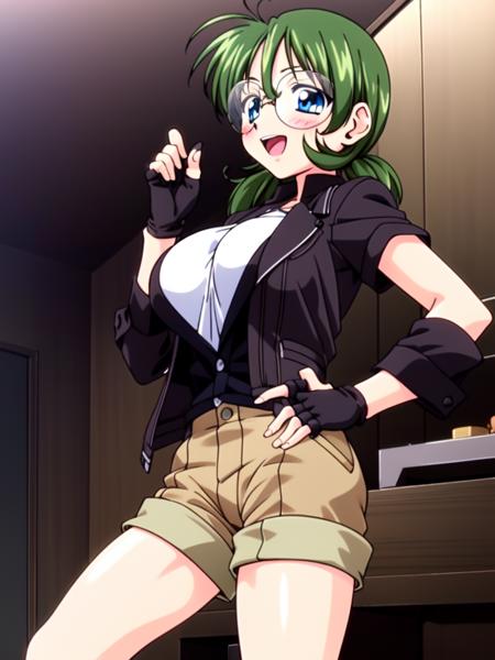 <lora:Sakurako:0.8>Sakurako, glasses, green_hair, blue_eyes, twintails, short_hair, 1girl, soro, cowboy Shot,  huge_breasts,
smile, blush, open mouth,
gloves, fingerless gloves, shorts,  sunset, short hair, brown shorts,  jacket,  black gloves
masterpiece, high quality, very_high_resolution, large_filesize, full color,
2000s \(style\), anime, anime_screencap, animated gif, mp4 ,video, animated,