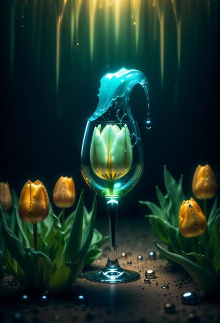 (tiny party death:1.5), ( hiding party,:1.5) , animal wearing jester's hat, daring expression, wine_glass, wine_bottle, spilled_bottle, offcial_like, masterpiece, best quality, amazing quality, cute, close-up, hollow bioluminescent cracked shell, transparent bioluminescent glass, intricate detail, golden depths, raining outside, fascination, wonder, warm tones, cool tones, high contrast, mysterious background, scattered plants, tulip garden, glowing halo, ethereal, high-definition, soft focus, dreamy atmosphere, surreal lighting, sunlight, golden hour, warm glow, earthy tones, cool blues, cool greens, magical realism, jaynl-tm, made of tulips, Necron,, electricity, green glow, green theme,
