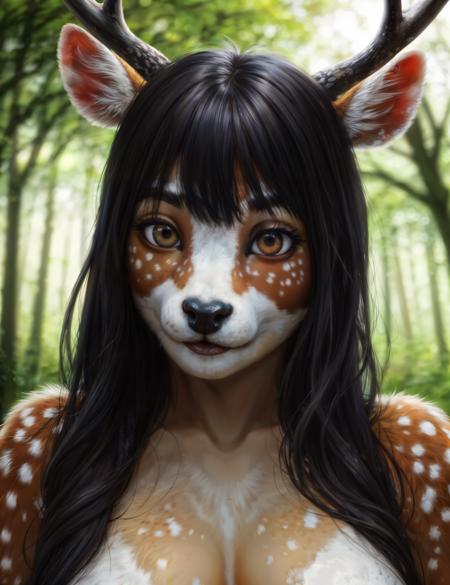 female, 18 years old, Japanese-American, straightened black hair, fringe, aegyo sal, anthro, anthrofied, Fallow Deer, (speckled fur:1.2), curvy figure, 
BREAK, 8k, hi res,  deep in a magical forest,