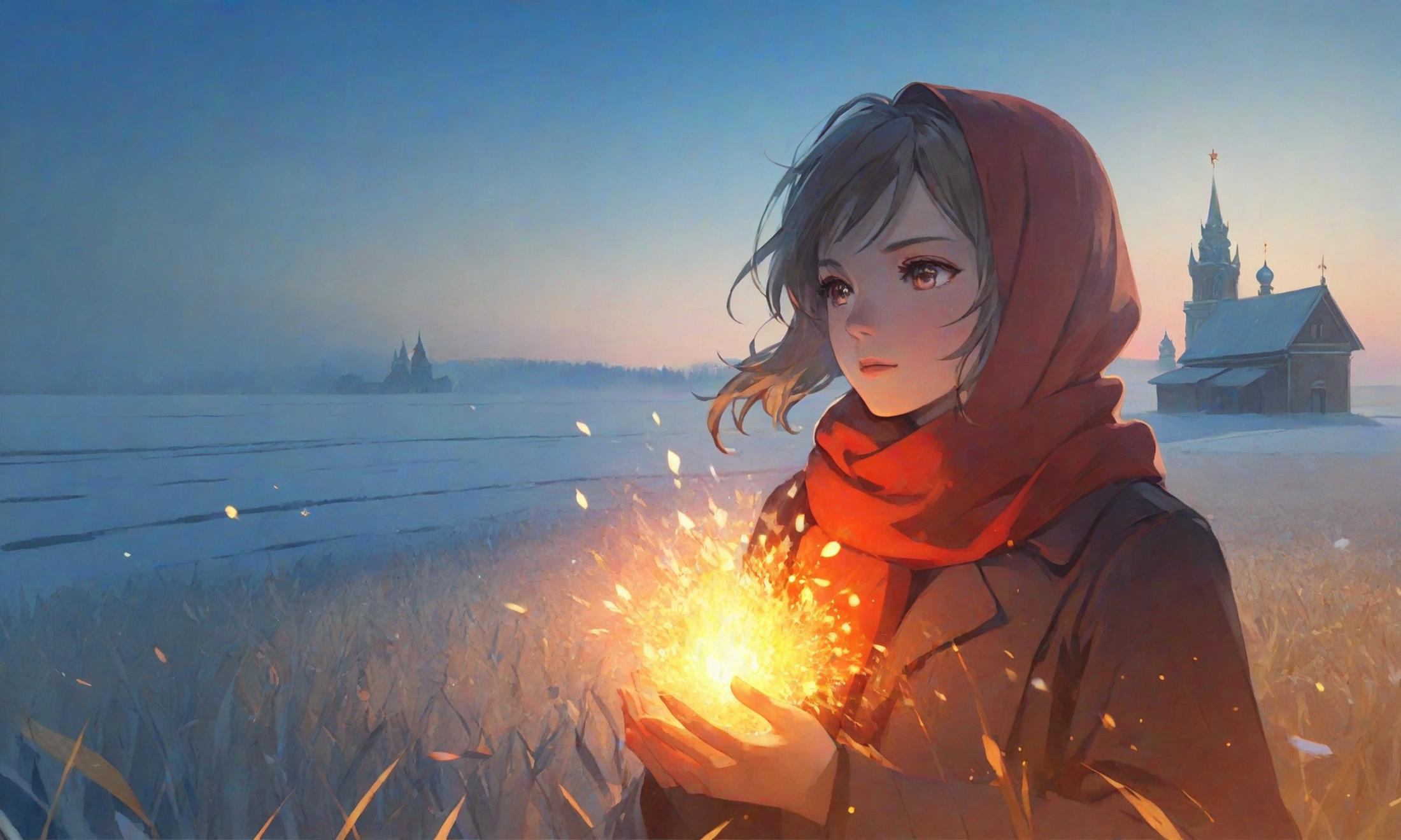 A young woman in a red scarf holding a fireball.