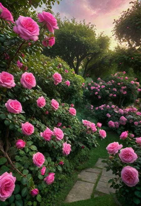 Dark pink rose trees in a lush garden, high-quality sharp images, hyper-realistic, cinematic lighting, vivid colors, detailed textures, blooming flowers, masterpiece digital painting by Anna Dittmann and Maxfield Parrish, 8k resolution, highly detailed.