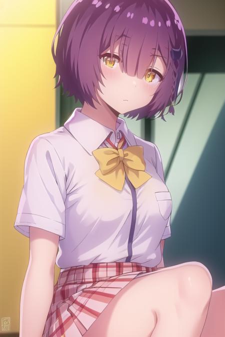 ayanofujimoto, <lora:ayano fujimoto s1-lora-nochekaiser:1>,
ayano fujimoto, short hair, hair ornament, (yellow eyes:1.3), purple hair, braid, (hair over one eye:1.5),
BREAK skirt, shirt, bow, school uniform, white shirt, short sleeves, pleated skirt, shoes, socks, bowtie, plaid, plaid skirt, brown footwear, black socks, loafers, pink skirt,
BREAK indoors, classroom,
BREAK looking at viewer,
BREAK <lyco:GoodHands-beta2:1>, (masterpiece:1.2), best quality, high resolution, unity 8k wallpaper, (illustration:0.8), (beautiful detailed eyes:1.6), extremely detailed face, perfect lighting, extremely detailed CG, (perfect hands, perfect anatomy),