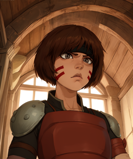 Smellerbee,brown hair,facial mark,black eyes,eyeliner,serious,
headband,brown leather top,single shoulder pad,red armband,
from below,
camp,night,
(insanely detailed, beautiful detailed face,beautiful detailed eyes, masterpiece, best quality),solo,<lora:Smellerbee-10-v9:0.7>,