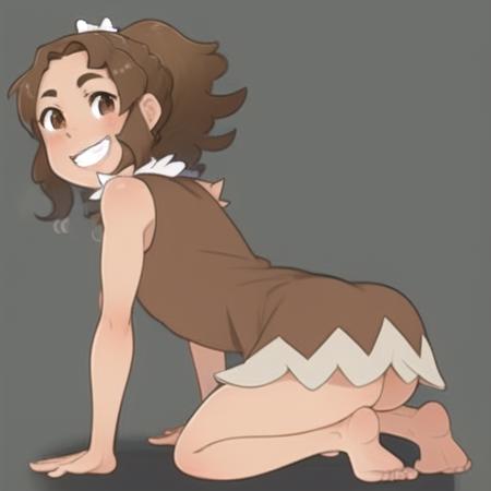 Zazzalil, full body, "sleeveless brown dress", bare arms, forehead, <lora:Zazzalil-06:1>, nsfw, squatting, smile, teeth, grin, all fours, ass