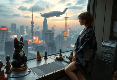 black cat with a white neck and white feet is sits on a cluttered metal riveted desk next to a maneki neko statue and small bronze buddha, the cat is looking out to a floor to ceiling window that looks out over a futuristic cyberpunk Tokyo skyline with skyscrapers and futuristic airships covered with lights and advertisements in Japanese, a tall thin beautiful young woman, 22 years old, is standing next to the cat looking out at the city through the window, The woman is dressed in an ornate short japanese style bath robe, exposing her long legs.  The woman's hair is messy from just waking up. Artistic cyberpunk, dynamic perspective,