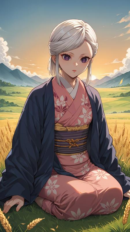 white hair hair up purple eyes pink kimono blue haori blue coat