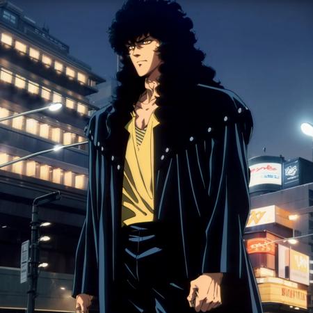 Asura,1man,black hair,curly hair,yellow eyes, long hair, big hair, black coat,yellow shirt,black pants, tank_top, long legs,