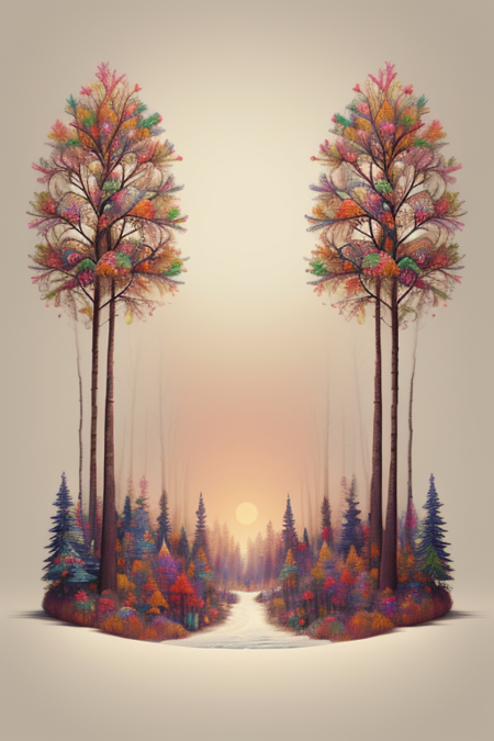 made of ral-kldscop, whimsical art by Brian Kesinger, 3D Rendering, landscape of a Deciduous Forest and Birchwood thicket, it is Lovely, Winter, <lora:ral-kldscop-000009:1>, vibrant, aesthetic, vivid colors, very inspirational, extremely rich detail