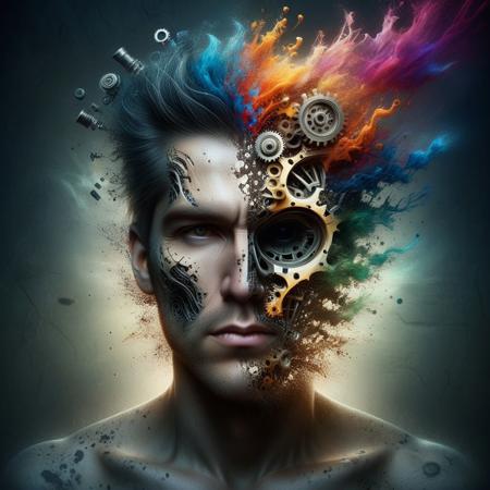 A man in a surreal environment, with his head stylized to appear open, revealing internal elements like gears and bright lights. The background is ethereal and abstract, with vibrant colors that contrast with the central figure. The lighting is dramatic, highlighting the fascinating details of the scene. The image should be in high definition, in a 16:9 format, capturing an intriguing and creative atmosphere.