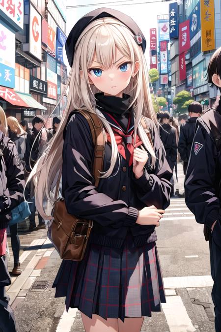 insanely detailed, absurdres, ultra-highres, ultra-detailed, best quality, 1 girl, solo, 16 years old, nice hands, perfect hands, BREAK, (wearing winter school uniform), angry, dynamic pose, cowboy shot, looking at viewer, BREAK, slender, kawaii, perfect symmetrical face, ultra cute girl, ultra cute face, ultra detailed eyes, ultra detailed hair, ultra cute, ultra beautiful, by Canon EOS, SIGMA Art Lens 35mm F1.4, ISO 200 Shutter Speed 2000, in harajuku, shibuya, tokyo, street, crowd, cityscape, 
<lora:gekioko_v200:1>