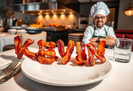 The name ‘KEVIN’ spelled out using crispy, golden-brown bacon strips, carefully arranged on a white ceramic plate. The plate sits on a restaurant table with a clean, stylish table setting—silverware, a napkin, and a glass of water nearby. In the background, a professional kitchen is visible, where Kevin, dressed as a chef in a classic white uniform and hat, is preparing more bacon with a confident smirk. The lighting is warm and inviting, capturing the delicious texture of the bacon and the lively restaurant atmosphere