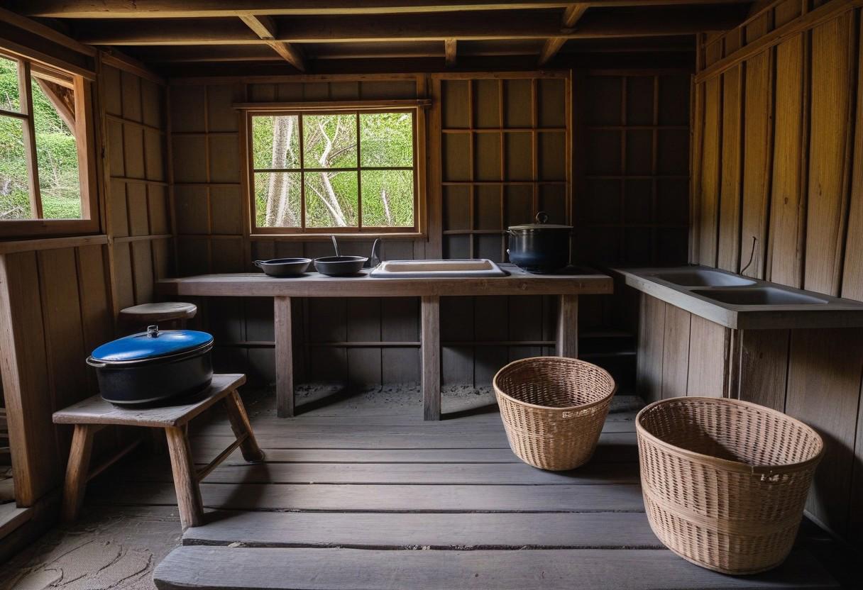 Interior of an abandoned Japanese fishing hut. With bed, cooking area, table, stool, baskets, barrel,