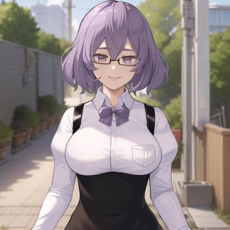 (masterpiece, best quality, highres:1.4), 1girl, solo, breasts, looking at viewer, smile, short hair, shirt, long sleeves, dress, bow, purple eyes, white shirt, purple hair, pantyhose, glasses, bowtie, black pantyhose, purple bow, purple bowtie, <lora:mirei_mikagura:1>