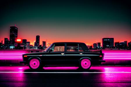 analog style, A black car drifting on the streets of tokyo at night :: pink sunset and city in the background,Luxyry style,Hyperdetailed, Ultra realistic, cinematic, Neon lighting, Unreal engine, RTX, (VAZ2106),  <lora:VAZ2106:0.8>