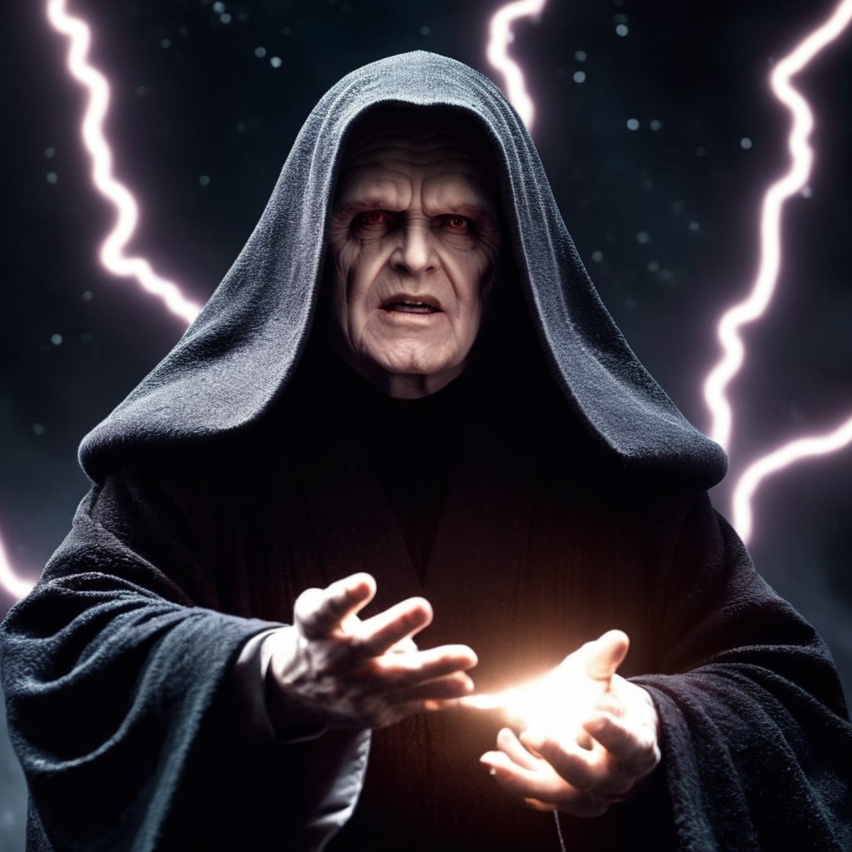 cinematic film still of  <lora:Darth Sidious:1>
Darth Sidious a man in a robe shoot Force lightning from his hands in star...